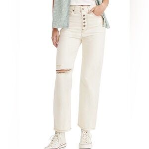 Levi’s Ribcage Straight Ankle Jeans Size 31 Ecru High Rise Button Fly Distressed
